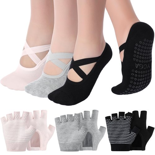Shihanee 6 Pairs Non Slip Pilates Yoga Gloves Socks with Grip for Women Silicone Dot Grip Fingerless Gloves Socks Pilates Accessories for Ballet Barre Dance Fitness Winter Gifts