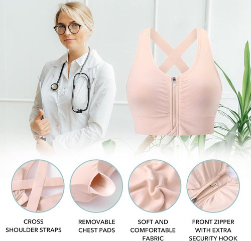 Evercute Wireless Sports Bra - Zip Front Design for Post-Surgery Comfort | Medium Support Yoga Bra