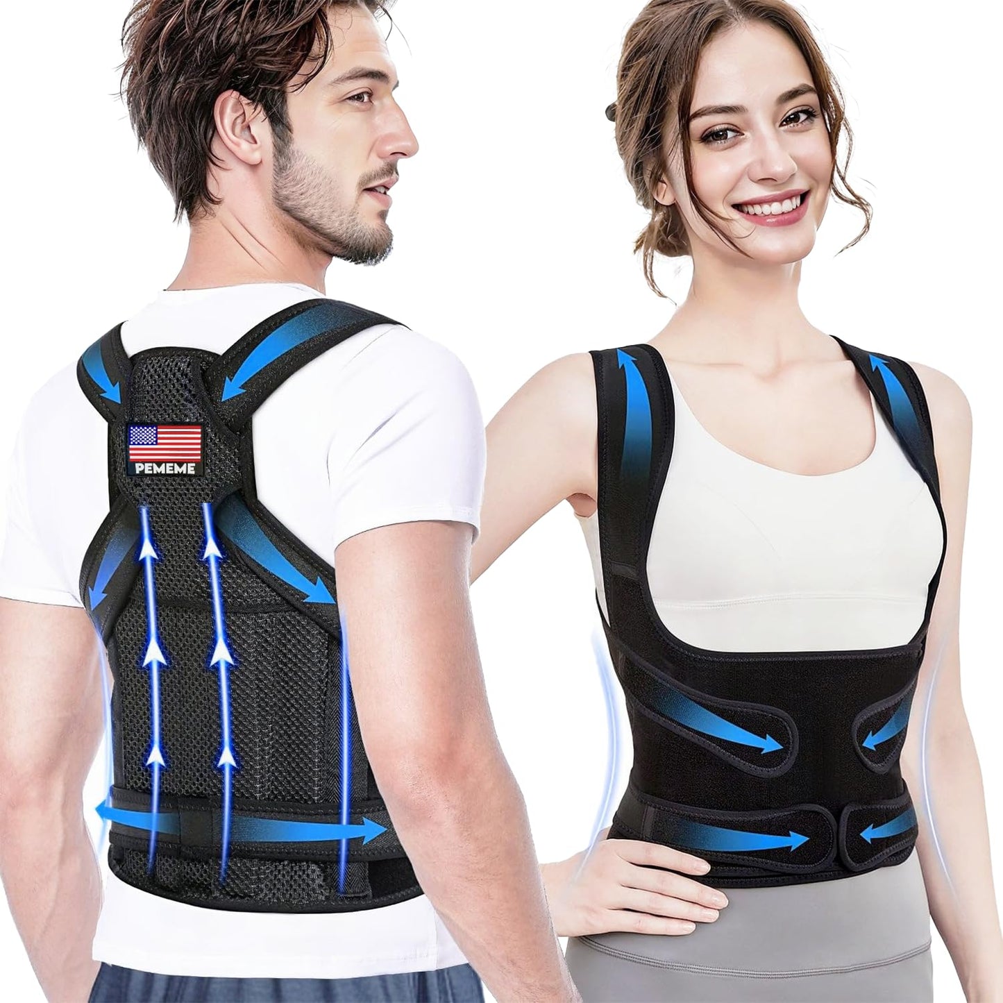 Skiennix Posture Corrector - Adjustable Back Brace for Pain Relief & Lumbar Support | Breathable Design (Black, Large)