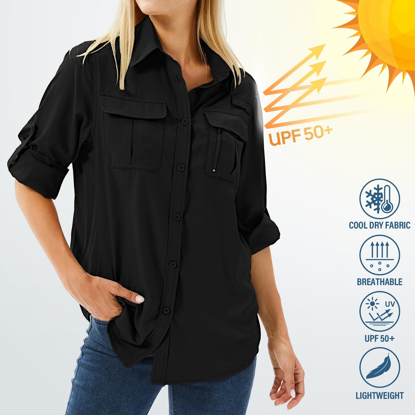 Toumett Women's UPF 50 Long Sleeve UV Sun Protection Safari Shirts Outdoor Quick Dry Fishing Hiking Travel Shirts(5071,Black,L)