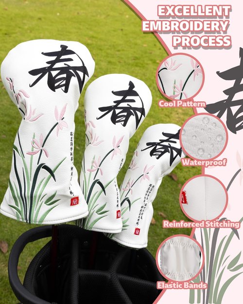 Orchid Golf Head Covers, Floral Style Driver Headcover, Unique Design Driver Head Cover, Golf Club Covers Funny, PU Leather and Advanced Embroidery with Soft Inner Lined for Most Brands - Spring