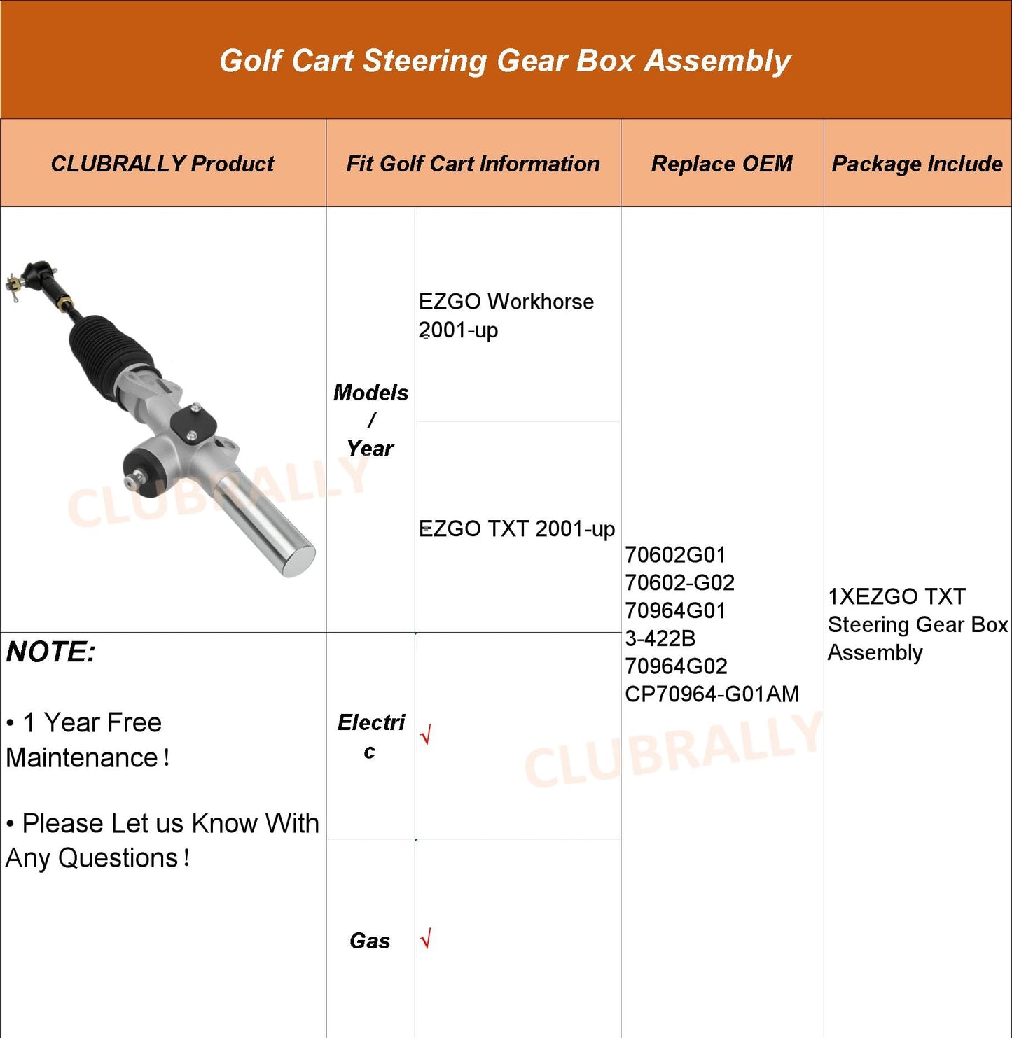CLUBRALLY Golf Cart Steering Gear Box Assembly, EZGO Steering Rack for 2001-UP EZGO TXT and Workhorse Gas&Electric Golf Cart, OEM# 70602G01, 70602-G01, 70964G01, 70964G02