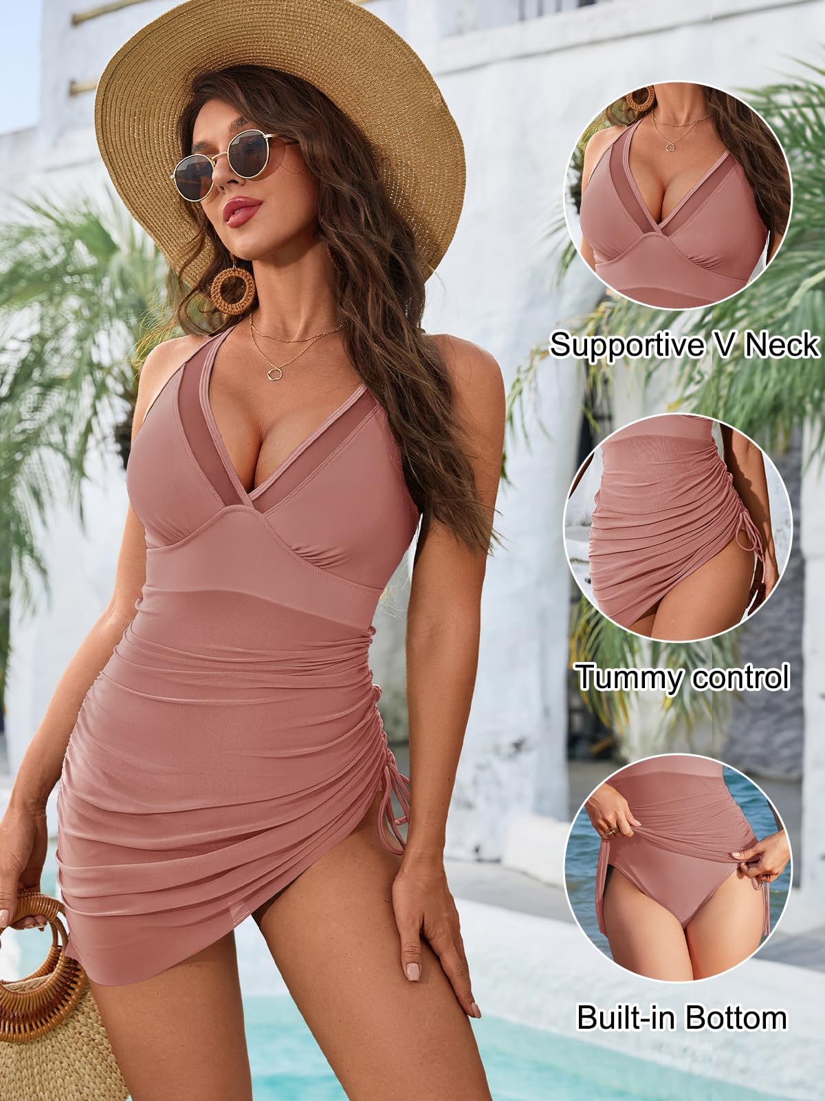 Blooming Jelly Women One Piece Swim Dress Tummy Control Swimsuits Modest Slimming Drawstring Swimwear (XXL, Light Pink)