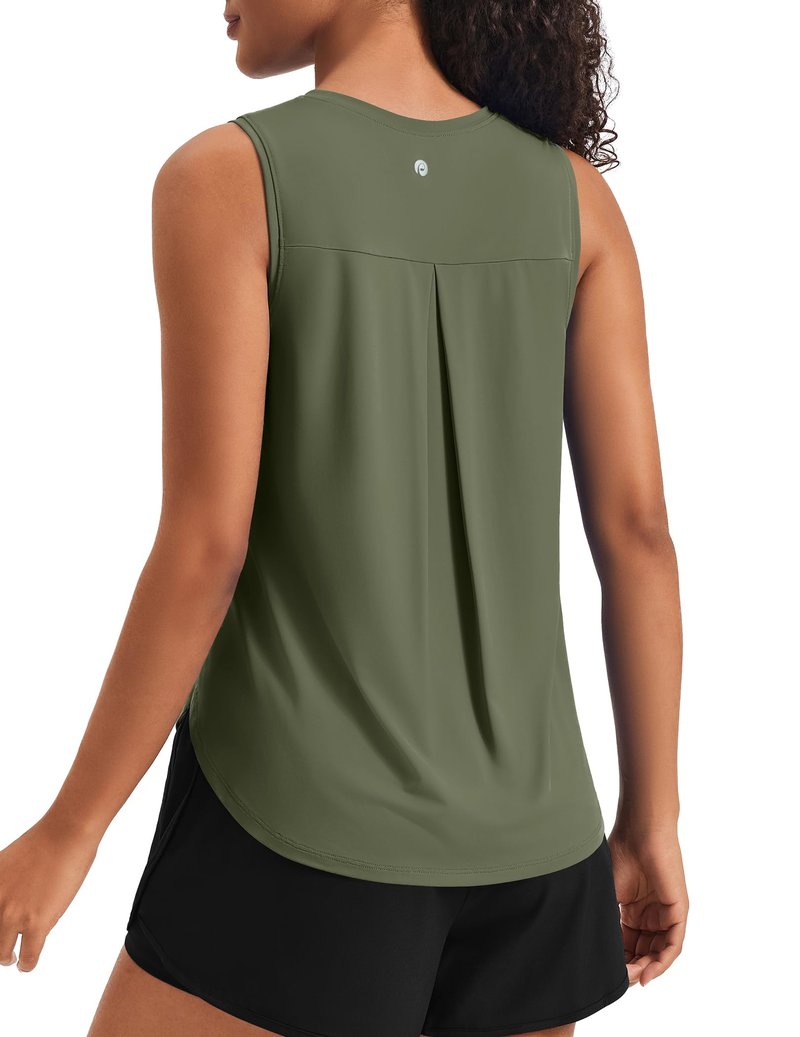 PINSPARK Women's Lightweight Athletic Tank Tops Ice Silk Sleeveless Workout Yoga Shirts Soft Feel Running Gym Tennis Golf Training Tops, Army Green M