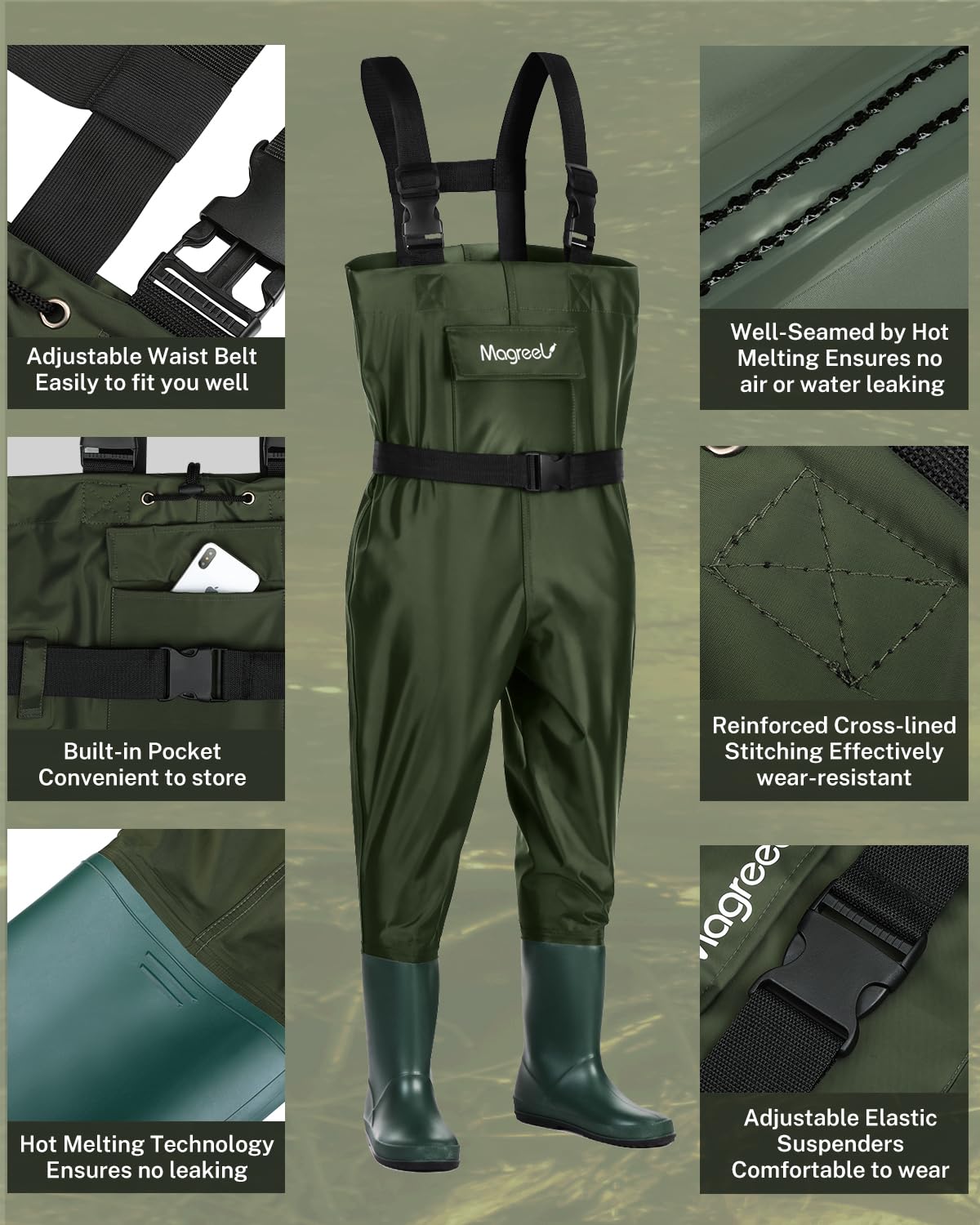 Magreel Child Chest Waders Waterproof Nylon Youth Waders with Boots Fishing & Hunting Waders for Toddler Children Boys Girls, 10/11 Big Kids