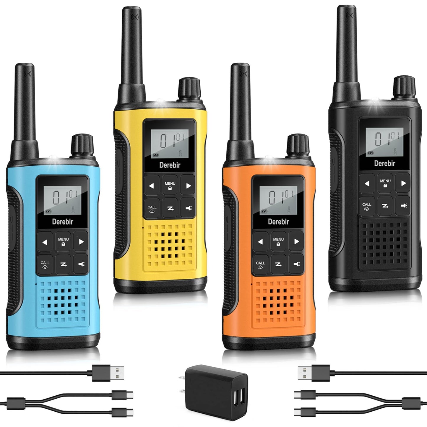Derebir Walkie Talkies for Adults-4 Pack, Rechargeable Walkie Talkies Long Range 22 FRS Channel 2-Way Radios with NOAA Weather Alert,VOX,Flashlight and 1500mAh Li-ion Battery for Family Hiking Camping
