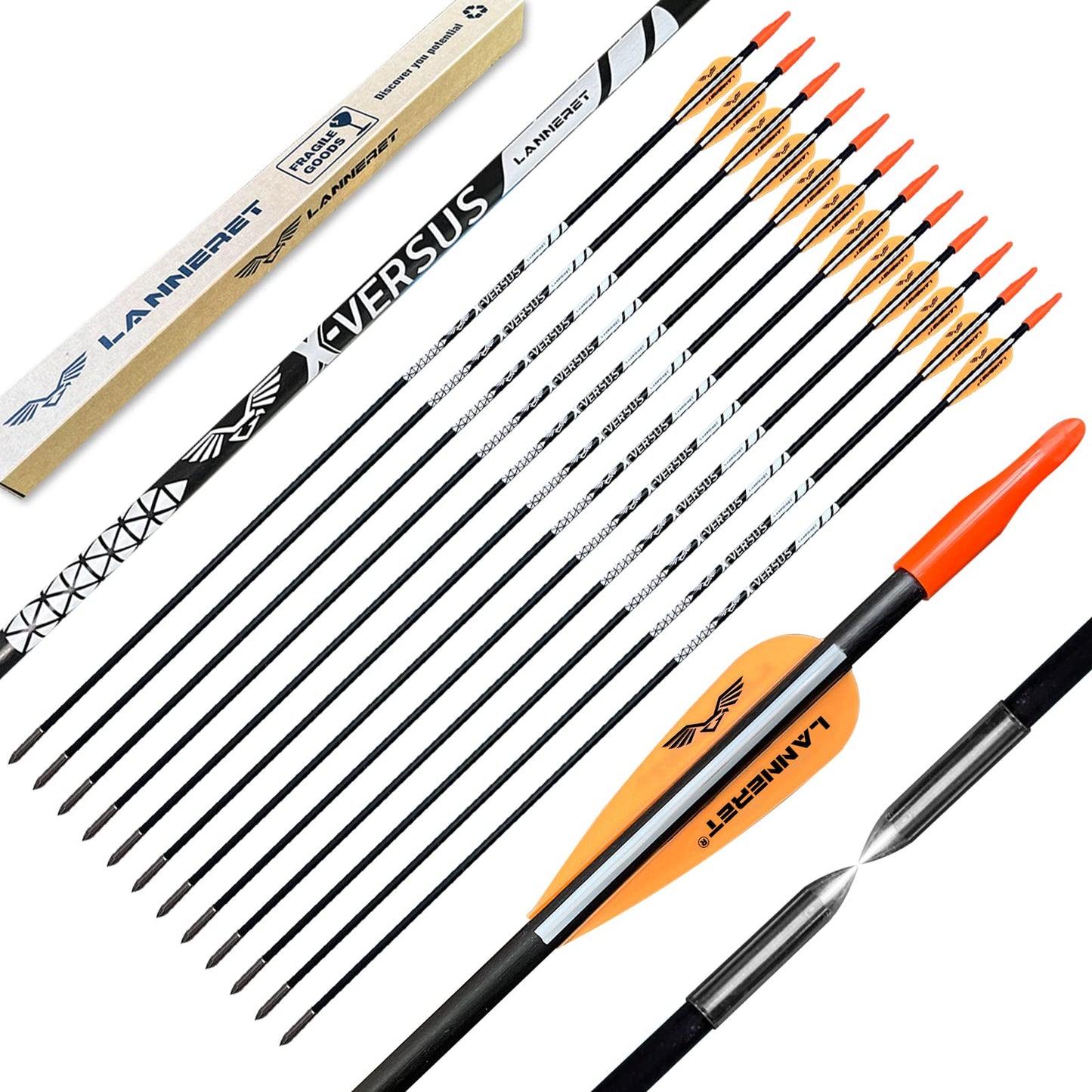Lanneret Archery Practice Target Arrows for Youth or Beginners, 28inch Fiberglass Arrows for Compound & Recurve Bow (Pack of 12) Orange
