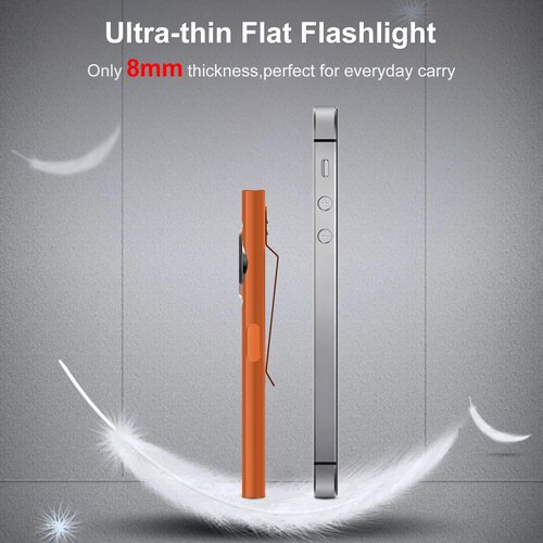 klarus E5 Pocket Flashlight, Rechargeable EDC Flashlight, Super Slim 4.2x1x0.3inch, 600 Lumens, USB-C Port, IPX4, Dual Light Source with Magnetic Base, Hat & Clothes Clip - Orange