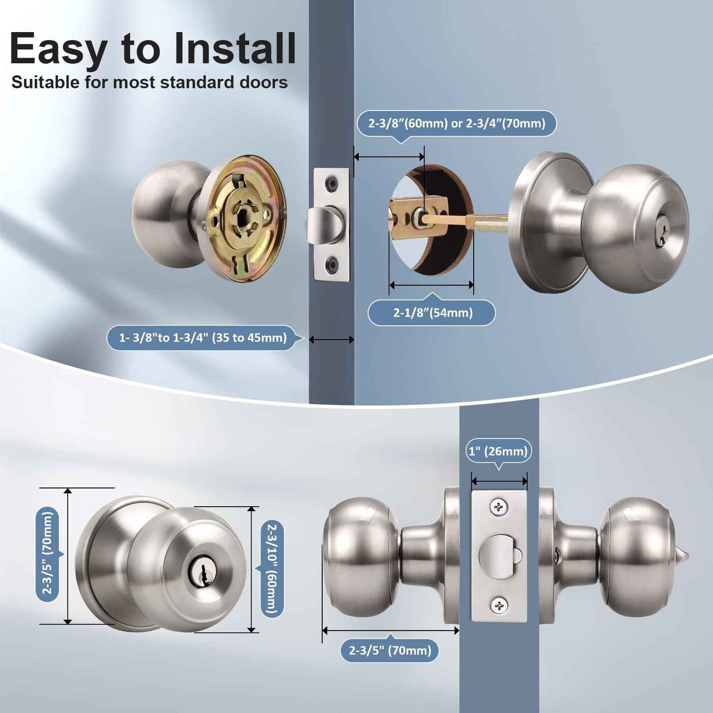 KNOBWELL 2 Pack Brushed Nickel Door Knob with Lock and Key, Keyed Alike, Exterior Keyed Door Knobs Lock with Same Keys in Solid Stainless Steel for Entrance and Front Door, Round Ball Handle