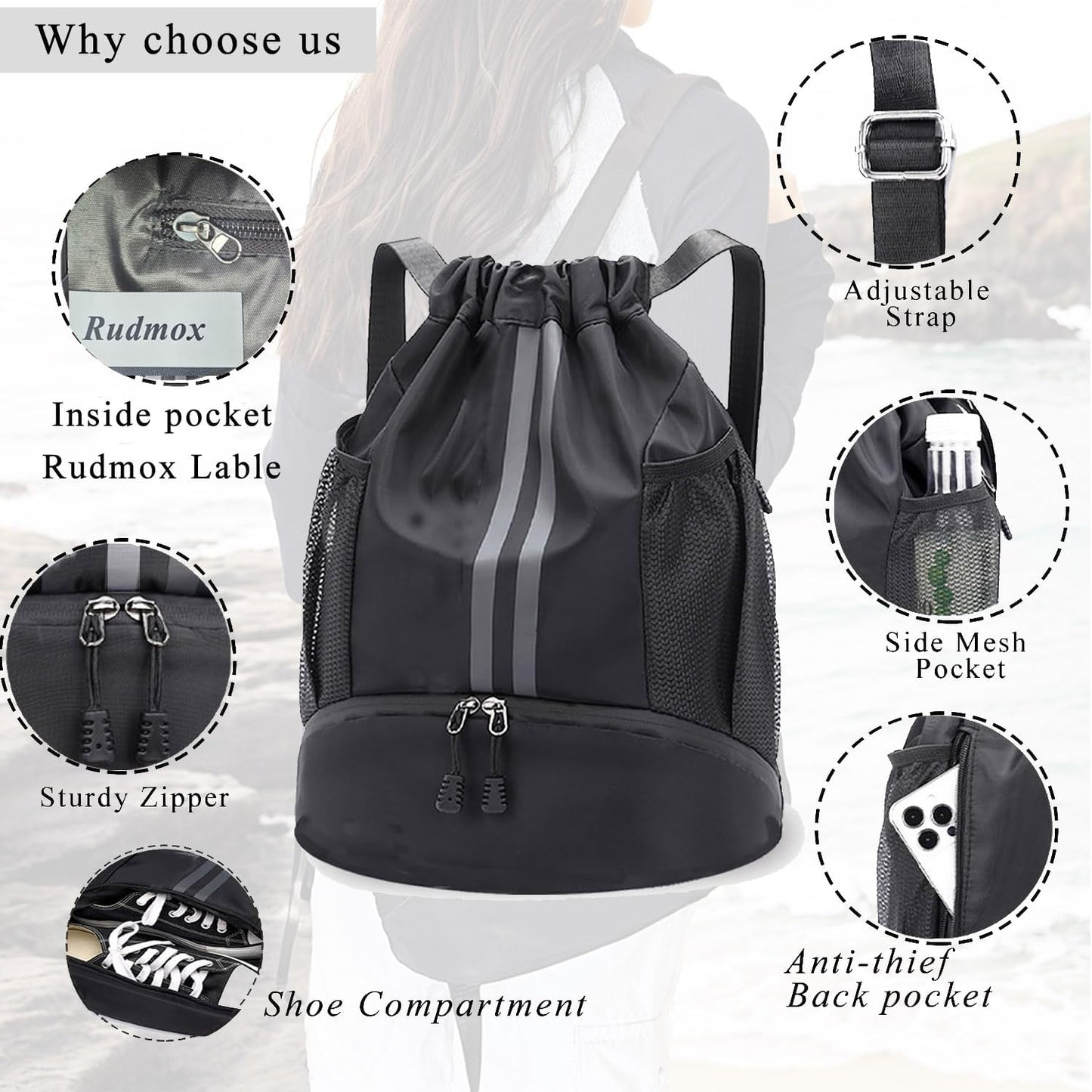 Skiennix Drawstring Backpack - Water Resistant Sports Gym Bag with Shoe Compartment | Ideal for Men & Women