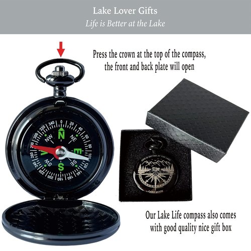 MALLAbyLAMMA Life is Better at the Lake Pocket Compass Black Engraved, Lake Rules Keychain, Fun Lake Themed Gift for Lake Lover Birthday Holiday Christmas