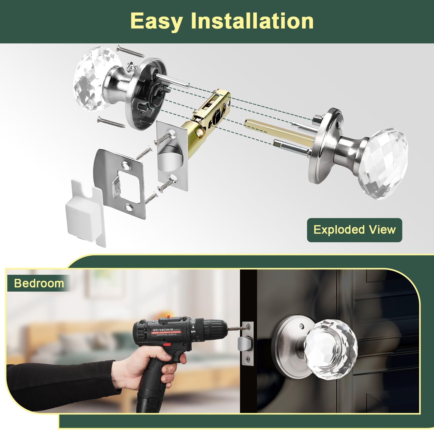 Lepushom 5 Pack Crystal Door Knobs Interior, Elegant Satin Nickel Glass Door Knobs, Keyless Privacy Door Locks for Bedrooms and Bathrooms