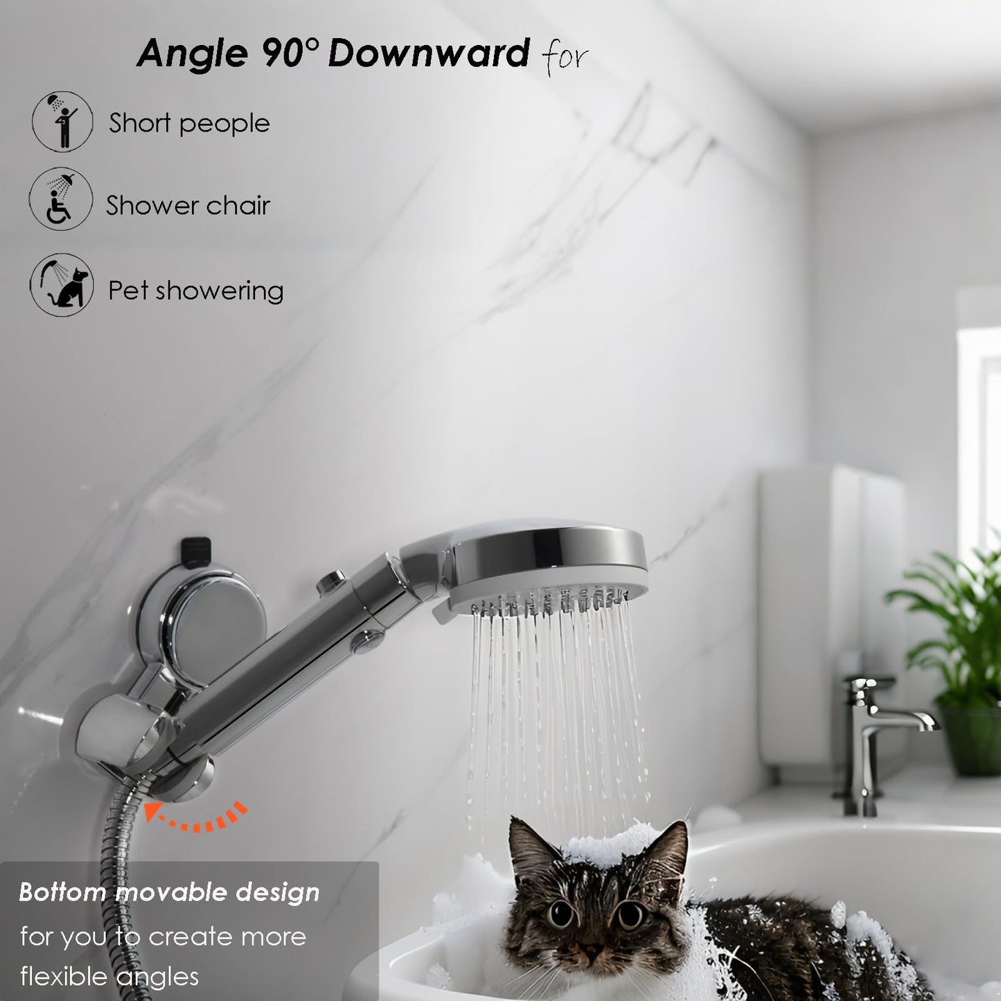 Suction Cup Hand held Shower Head Holder- Reusable - 5 Angles Adjustable - Bathroom Wall Mount Shower Wand Holder - Polished Chrome