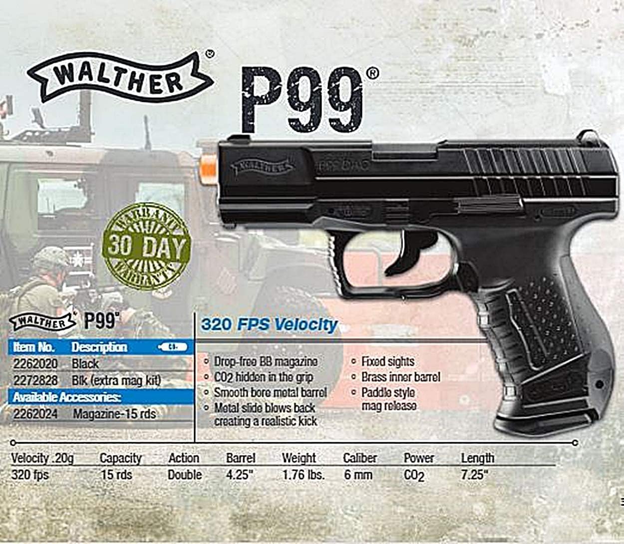 Umarex Walther P99 Airsoft Gun - Blowback CO2 Powered 6mm BB Pistol for Realistic Shooting Experience