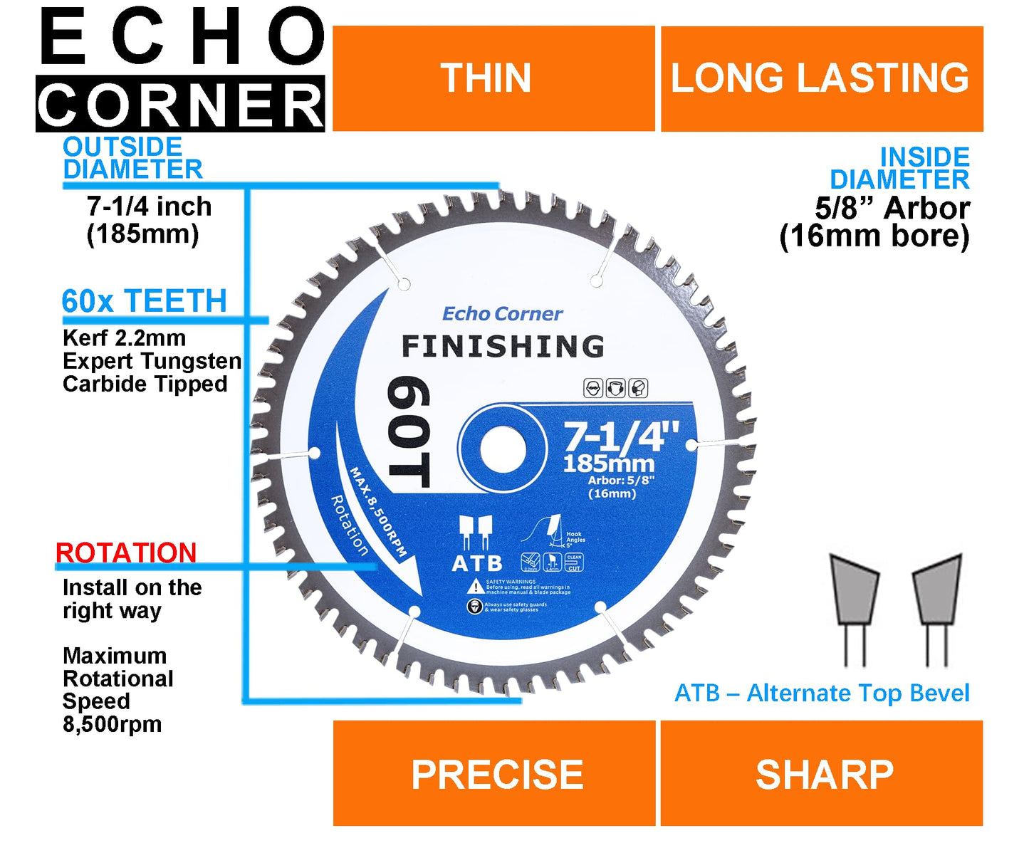 Echo Corner 7-1/4-Inch Fine Finish Wood Cutting Ciruclar Saw Blade, ATB 60T, 5/8" Arbor