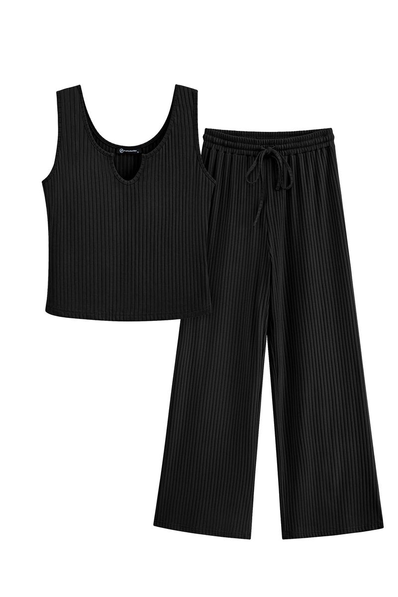PRETTYGARDEN Womens Summer Casual Two Piece Outfits Sweatsuits Tank Scoop Neck Ribbed Knit Long Pants Tracksuits(Black, Small)