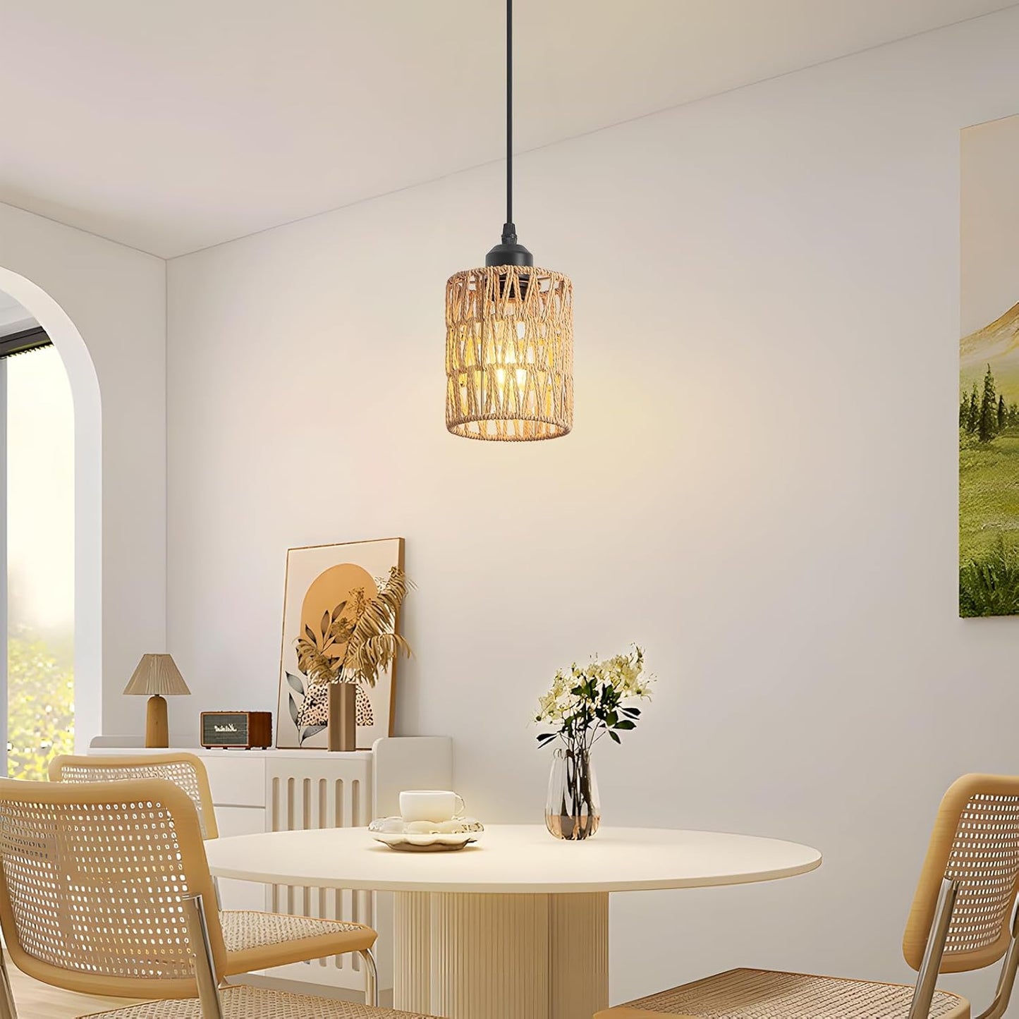 Rattan Chandelier Pendant Lights - 3 Pack Adjustable Height Boho Farmhouse Ceiling Fixtures for Kitchen & Dining Room
