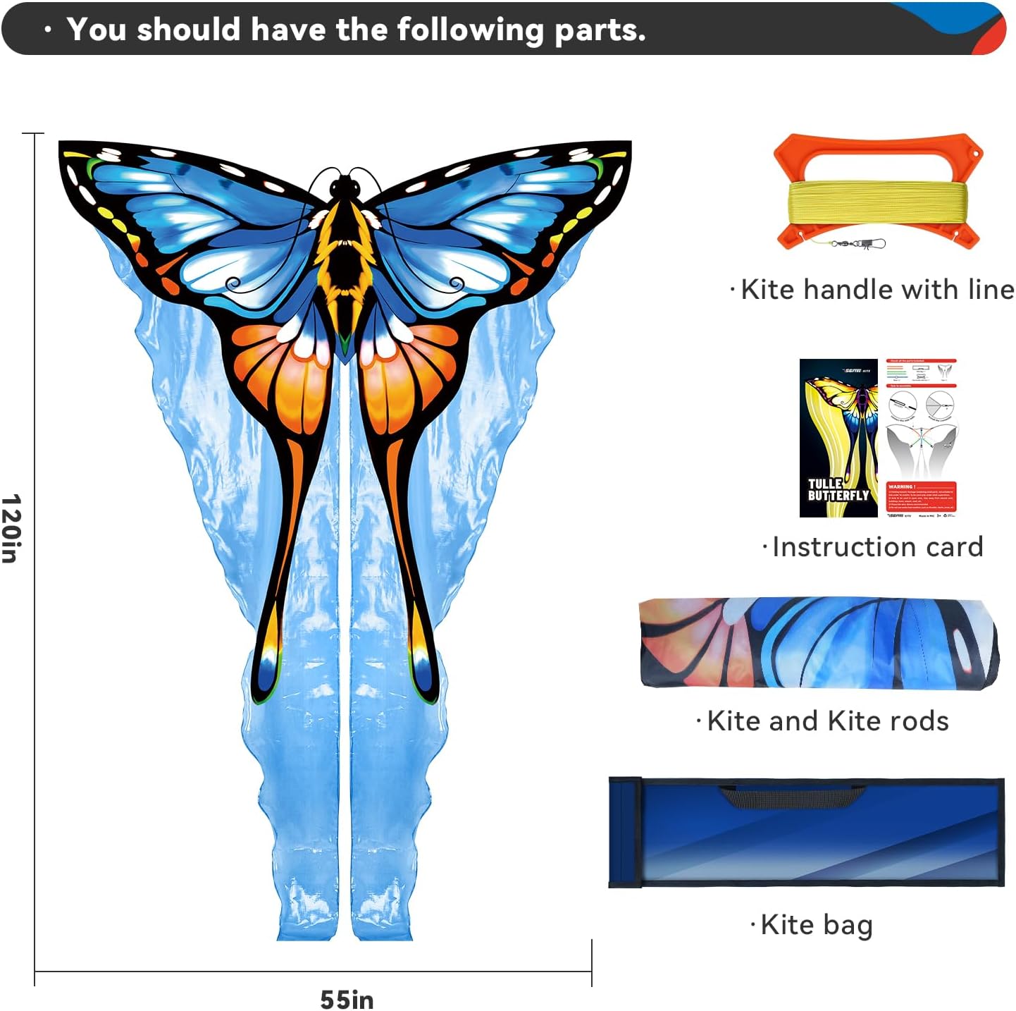 SGftre Beautiful Blue Tulle Butterfly Kite - Easy to Fly for Kids Ages 4-8 | Perfect Outdoor Fun