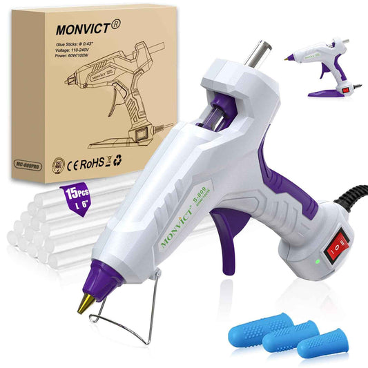 MONVICT Full Size Hot Glue Gun with 60/100W and On/Off Switch, Dual Temp Heavy Duty Industrial Hot Melt Glue Gun with 15 Hot Glue Sticks (7/16") and 3 Finger Protectors for Craft, DIY and Repairs