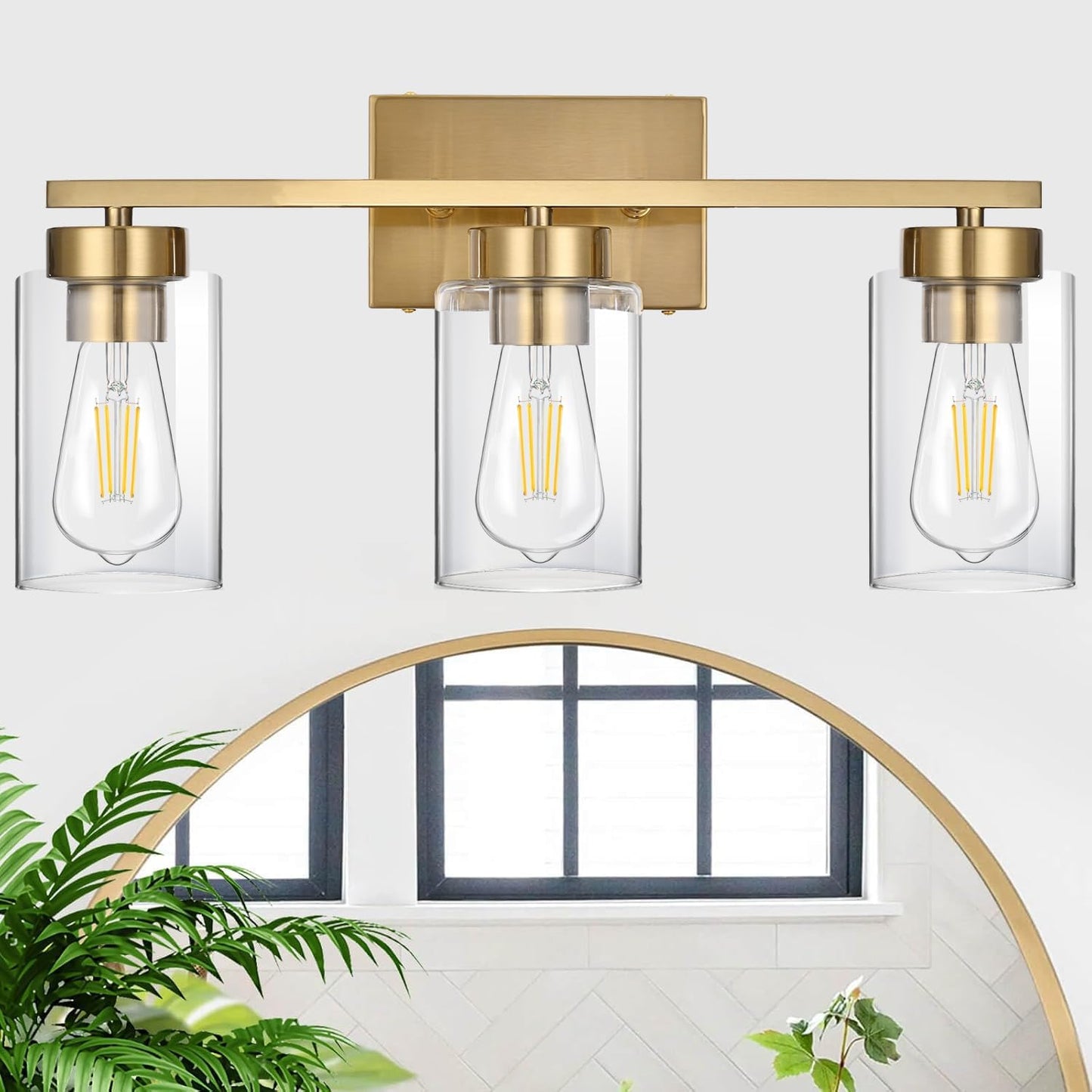 Modern 3-Light Bathroom Vanity Light in Brushed Gold with Clear Glass Shades