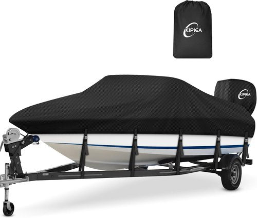 Kipiea 1300D Boat Cover - Heavy Duty Waterproof Protection for V-Hull & Bass Boats (14'-16' Long)