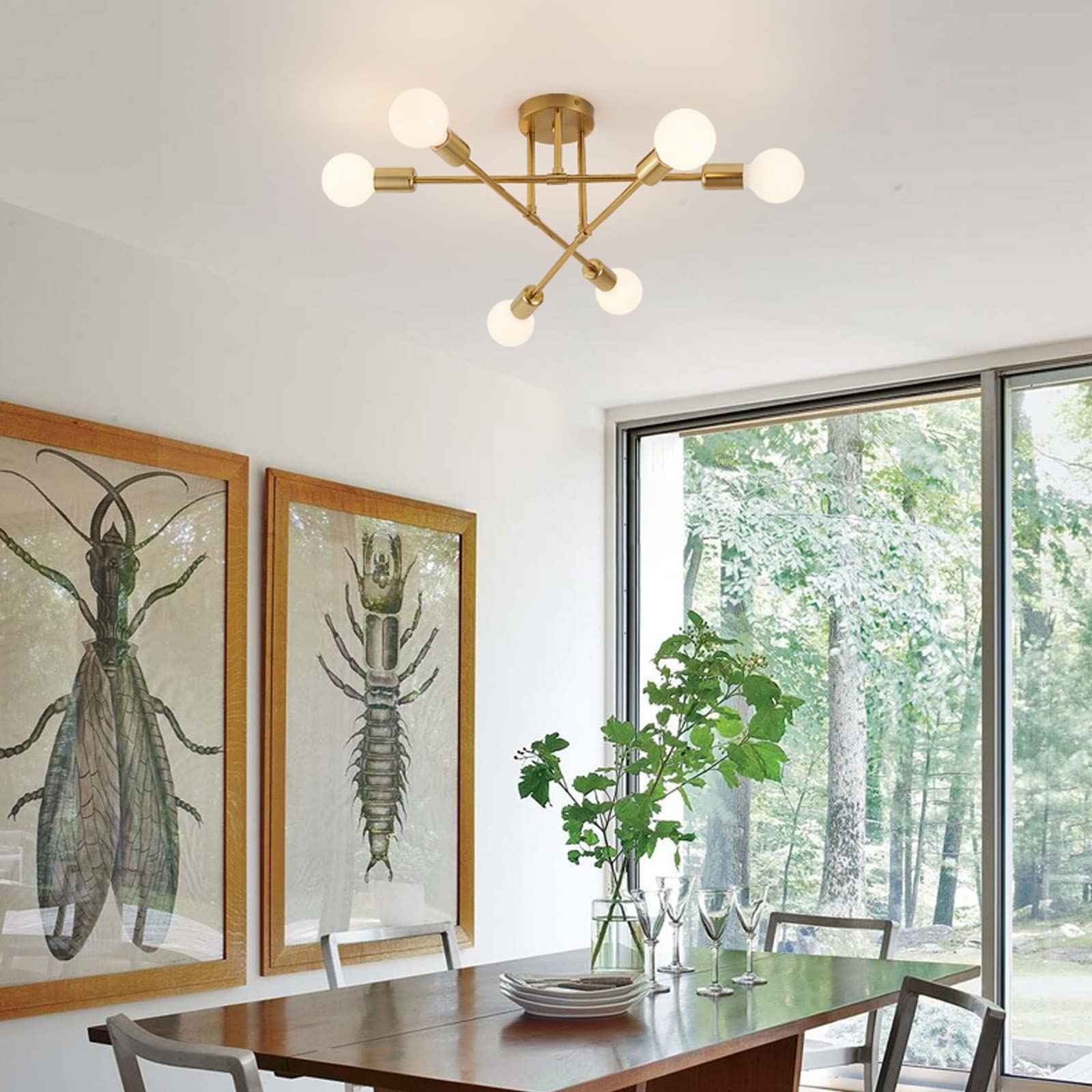 YXTH Semi Flush Mount Ceiling Light Fixture, 6 Lights Modern Sputnik Chandelier Ceiling Lamp with E26 Bulb Base, Light Fixtures Ceiling Mount for Bedroom Kitchen Living Room Hallway (Gold)