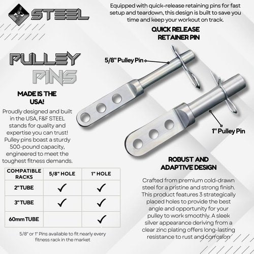 F&F STEEL Adjustable Fitness Rack Pulley Pin – Universal Fit for 2" & 3" Racks with 5/8" or 1" Holes – Heavy-Duty Home Gym Equipment for Strength Training & Muscle Building – Compact & Durable Design (1")