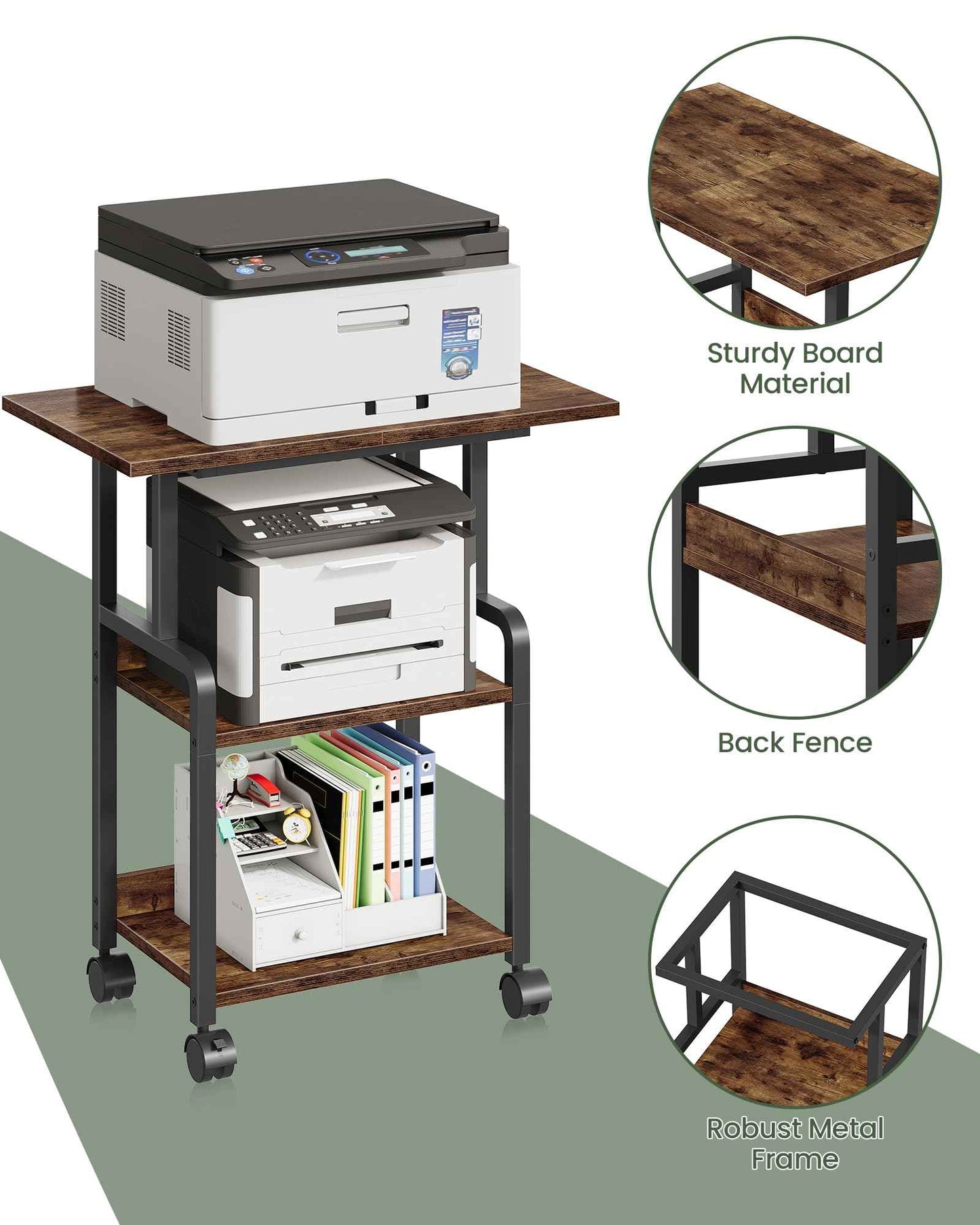 CHOEZON 23.6-in Printer Stand with Storage, 3-Tier Printer Table for Home Office, Printer Cart Under Desk Storage, Suitable for Study, Kitchen, Living Room, Rustic Brown and Black TPS02BF