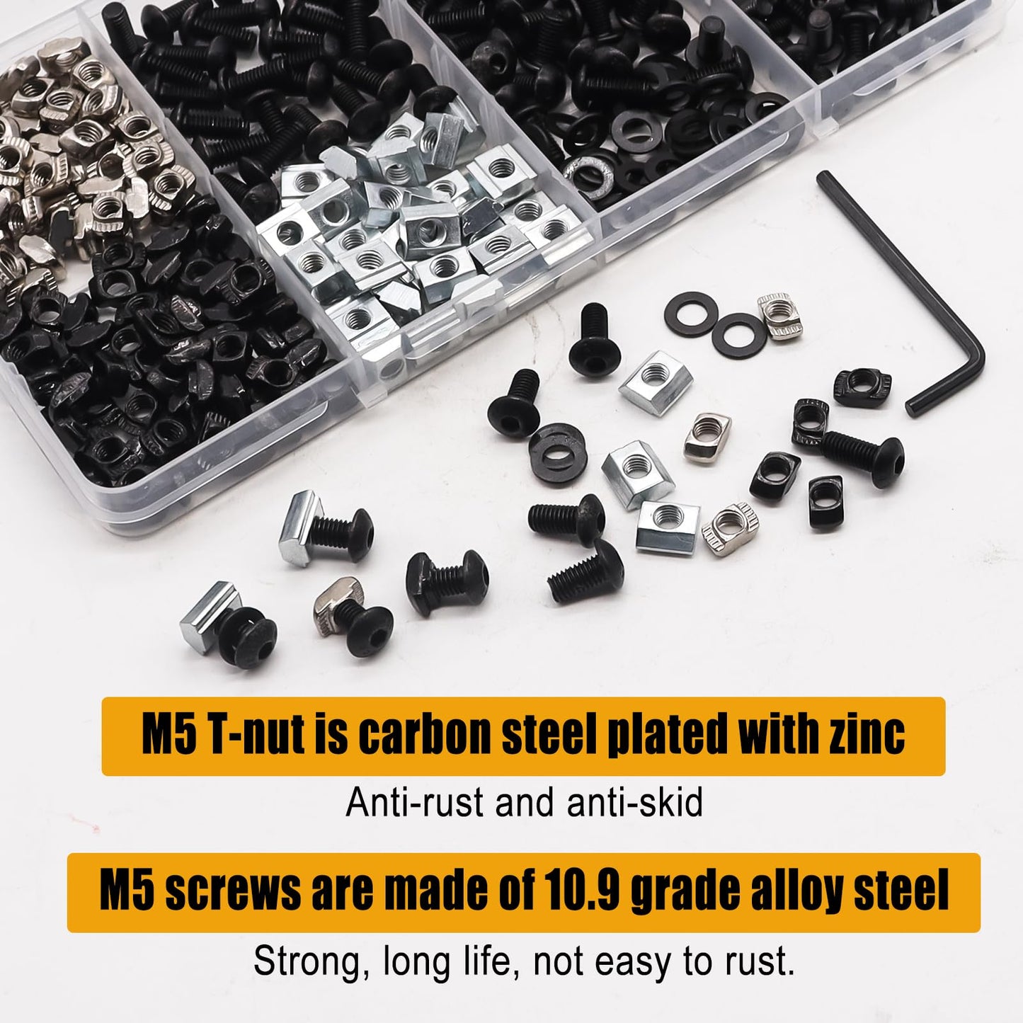 weideer 275PCS M5 T-Nuts Screws Assortment Kit,M5 T-Sliding Nut Hexagon Socket Screw T-Nuts Washers for Mlok Screws and Nuts Replacement Sets for 2020 Series Aluminum