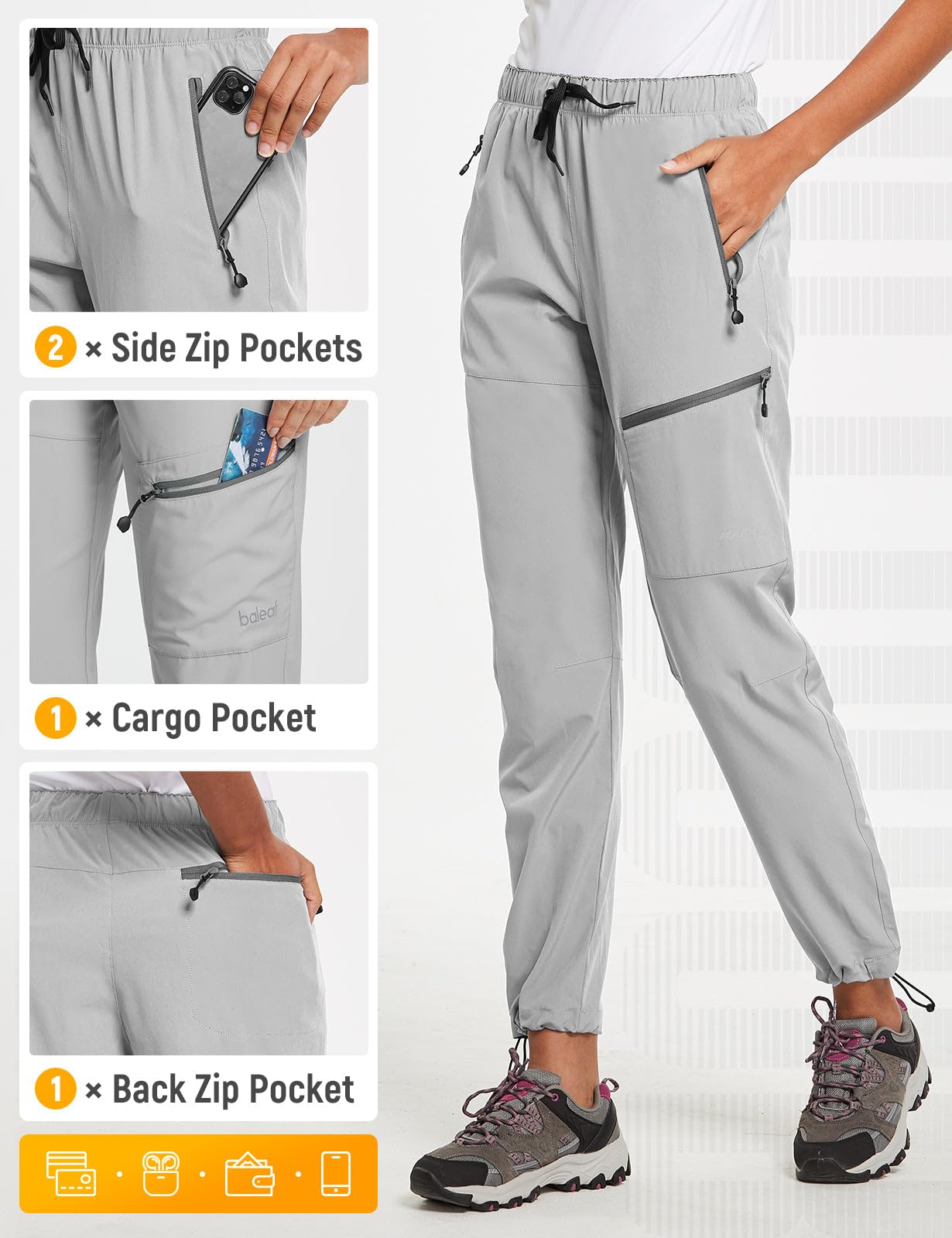 baleaf Cargo Pants for Women Petite Joggers Lightweight Quick Dry Pant Water Resistant 27'' Travel Workout Athletic Trip 27''-Cool Gray XL