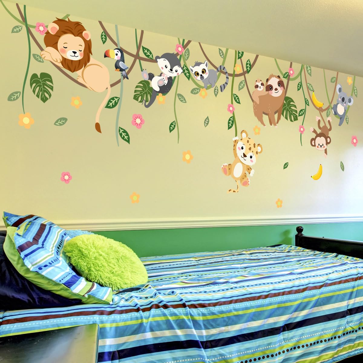 iMagitek Large Jungle Animals Tree Wall Decals Safari Animals Climbing Trees Wall Stickers Elephant Giraffe Lion Sloth Wall Stickers for Baby Nursery Kids Room Playroom Classroom 90.94" x 62.59"