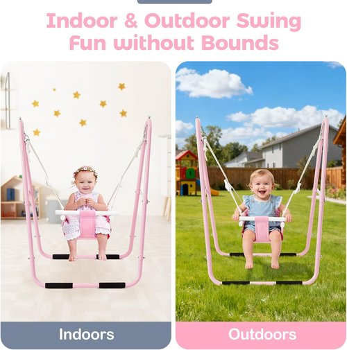 FUNLIO U-Shape Toddler Swing Set - Heavy Duty Metal Frame with Sandbags & Anti-Slip Pads | Portable Pink Design for Indoor/Outdoor Use