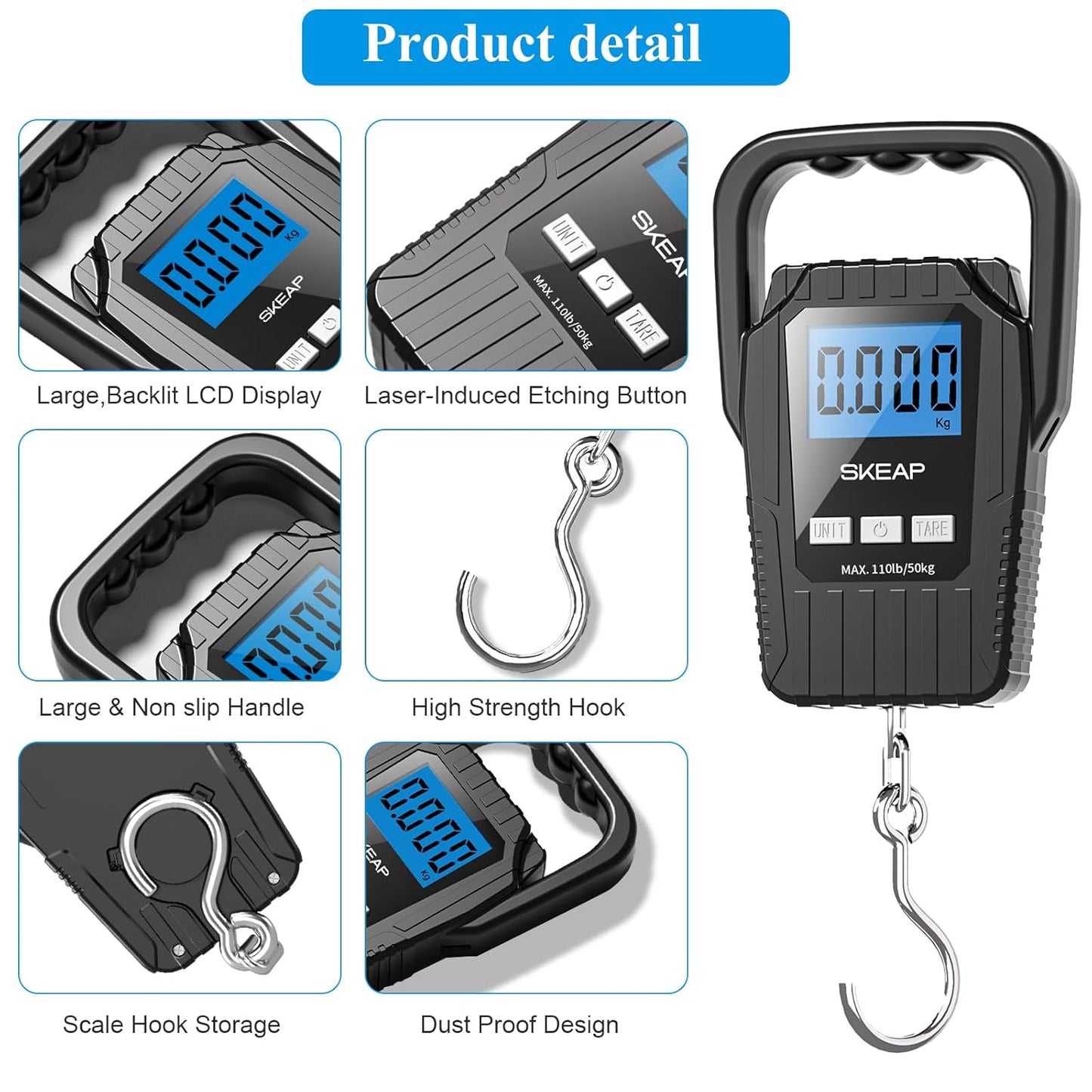 SKEAP Digital Fish Scale - 110lb/50kg Capacity with Backlit LCD Display & Large Handle | Black