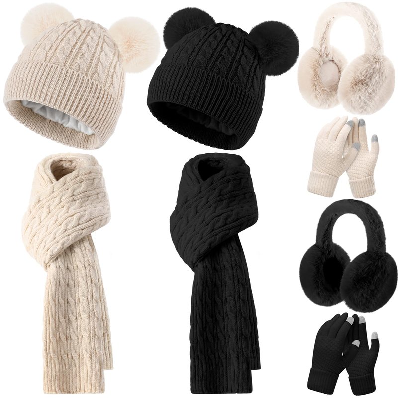 Suhine 8 Pcs Hat Scarf Ear Muff and Gloves Snowboarding Set for Women Winter Knit Beanie Pompom Hat Warm Touch Screen Gloves for Women Men Adult