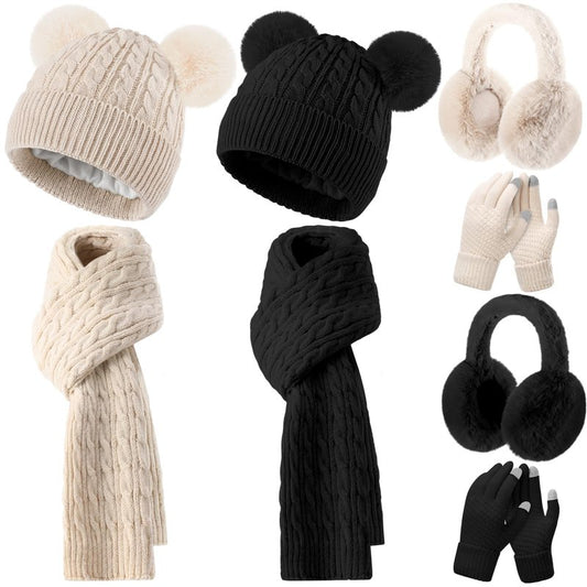 Suhine 8 Pcs Hat Scarf Ear Muff and Gloves Snowboarding Set for Women Winter Knit Beanie Pompom Hat Warm Touch Screen Gloves for Women Men Adult