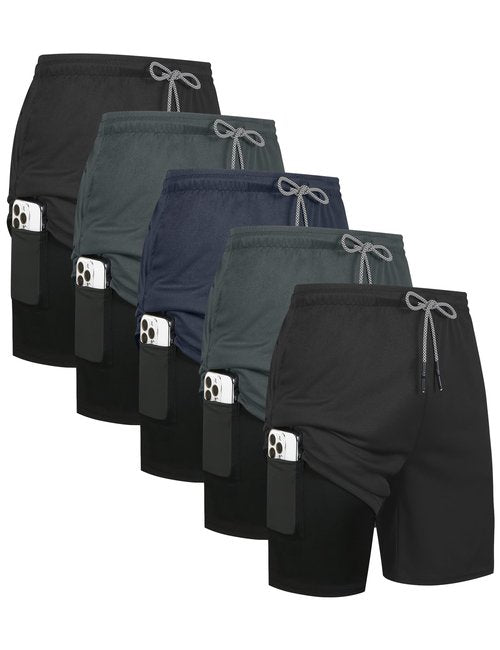 HOPLYNN 5 Pack Mens 2 in 1 Running Shorts with Liner, Quick Dry Workout Training Gym Athletic Sport Shorts with Pockets 2 Black 2 Gray 1 Blue X-Large