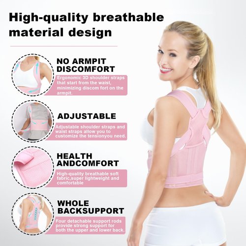 Posture Corrector for Women and Men,4 In 1 Adjustable Full Back Brace,Posture Braces Can Relieve Upper and Lower Back Pain, Shoulder Braces for Hunchback,Scoliosis, Lumbar Spine, Spine（Large Pink）