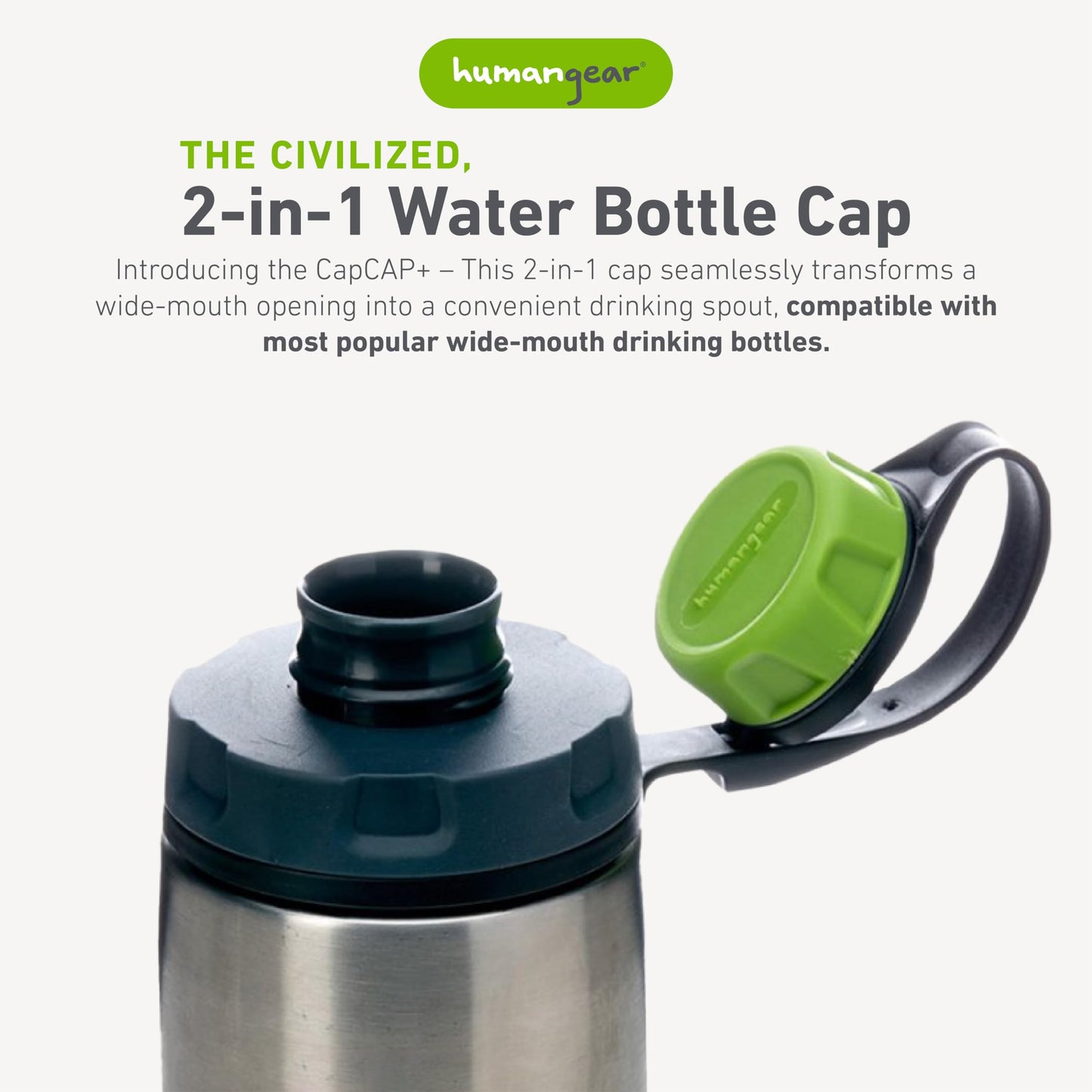 humangear CapCAP+ | Converts Wide-Mouth Openings | Secure Easy Open, Black