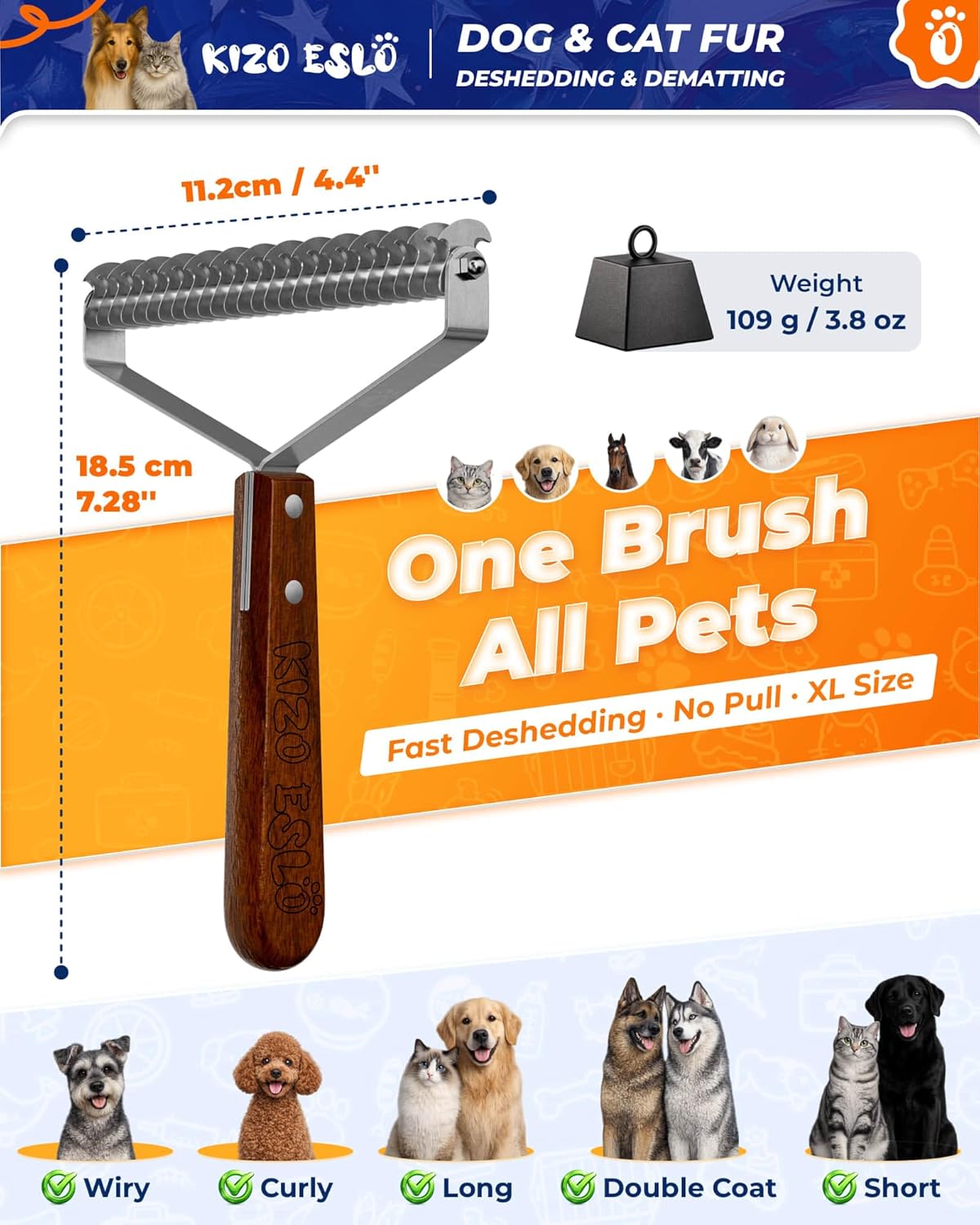 Skiennix Extra Large 2-Sided Undercoat Rake - Gentle Grooming Brush for Dogs & Cats | Premium Wooden Handle