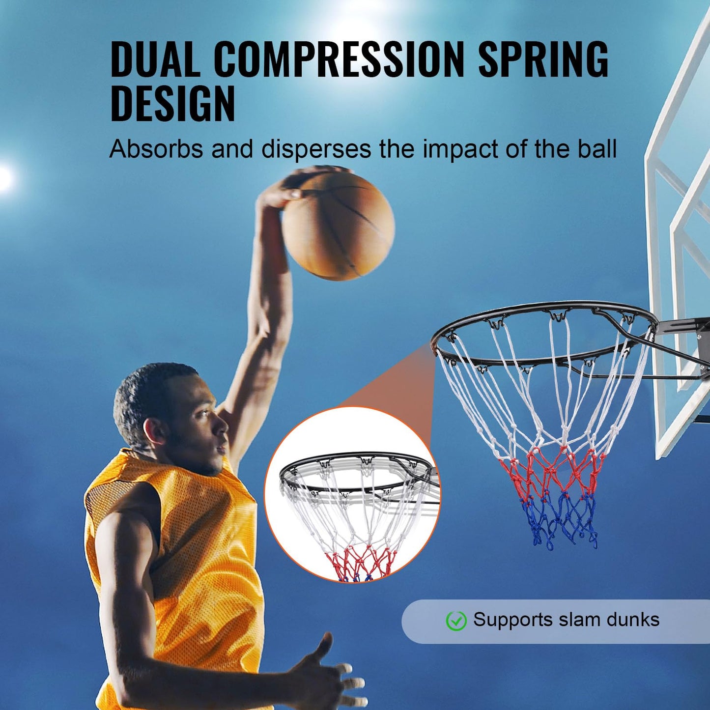VEVOR Basketball Rim, Wall Door Mounted Basketball Hoop, Heavy Duty Q235 Basketball Flex Rim Goal Replacement with Net, Standard 18" Indoor and Outdoor Hanging Basketball Hoop