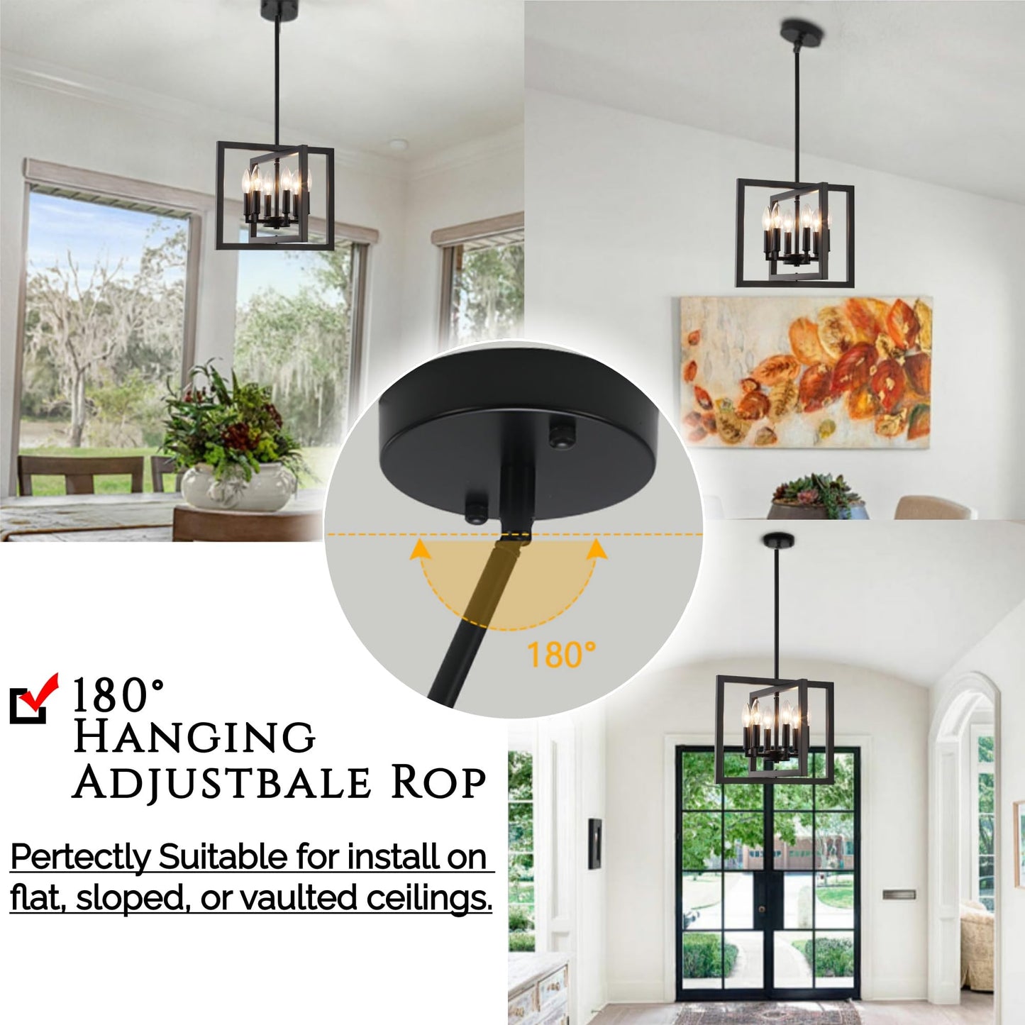 ANKYLHUA Small Black Chandelier,Light Fixture 6-Lights E12 Base,Farmhouse Chandeliers for Dining Room Kitchen Light Fixtures Adjustable Hight Pendant Lights for Hallway,Bedroom,Entryway,Foyer