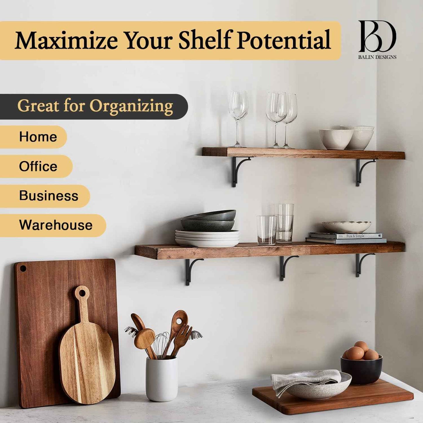 Heavy Duty 8-Inch Black Shelf Brackets - Wall Mounted L Bracket Set of 4 with Hardware