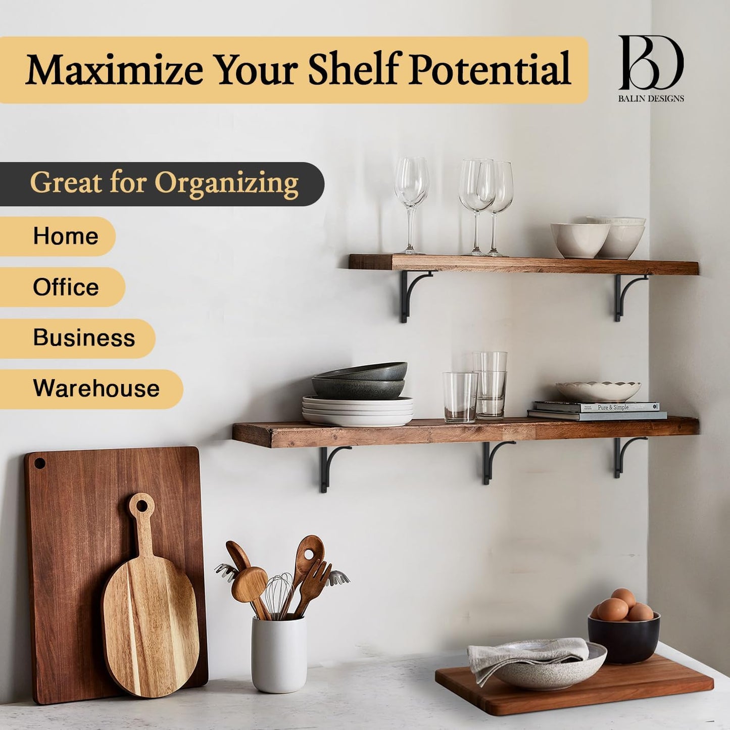 Heavy Duty 8-Inch Black Shelf Brackets - Wall Mounted L Bracket Set of 4 with Hardware