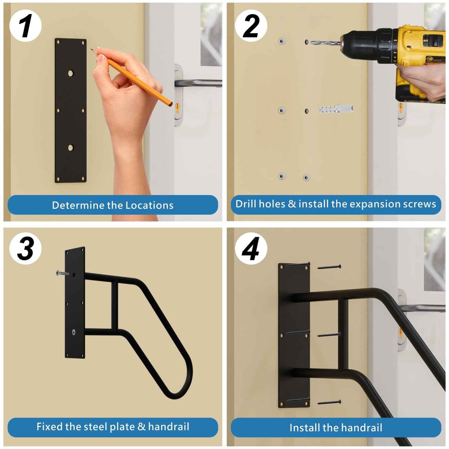 Mychoiii Handrails for Outdoor Steps Wall Mount,Heavy Duty Non-Slip Railings for 1-3 Steps, U-Shape Safety Handle for Garage, Porch, Garden (Dia 1" Pipe, Black)