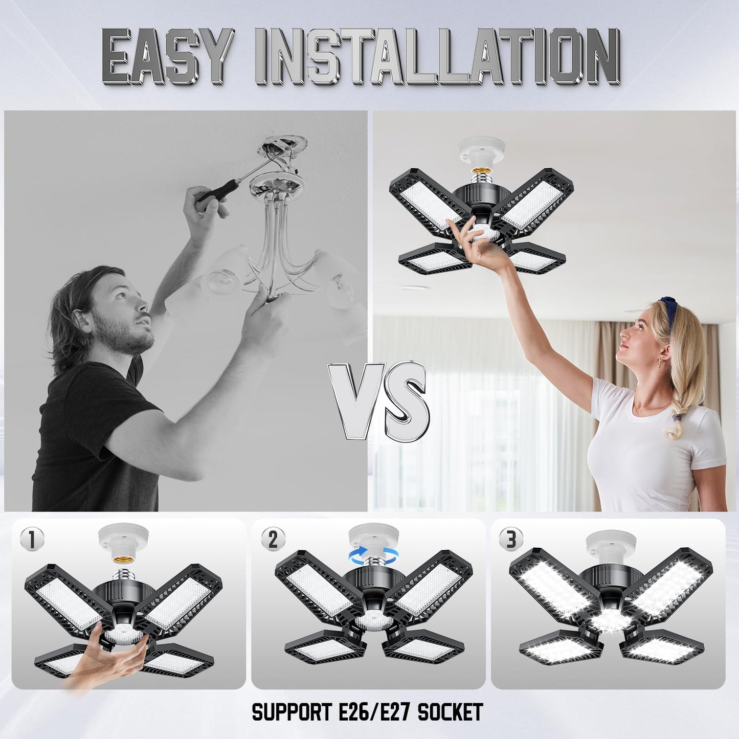 TOPAUBUB Garage Light 1 Pack 120W, 12000LM LED Lights for Garage with 4+1 Deformable Panels 6500K Screw in LED Shop Lighting for Workshop, Basement Support E26/E27