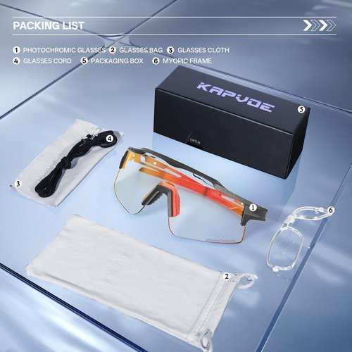 KAPVOE Photochromic Cycling Glasses UV400 Protection Mountain Bike Clear Sports Sunglasses For Men Women MTB Bicycle Riding Baseball Running Driving Fishing Golf 01 Red Black