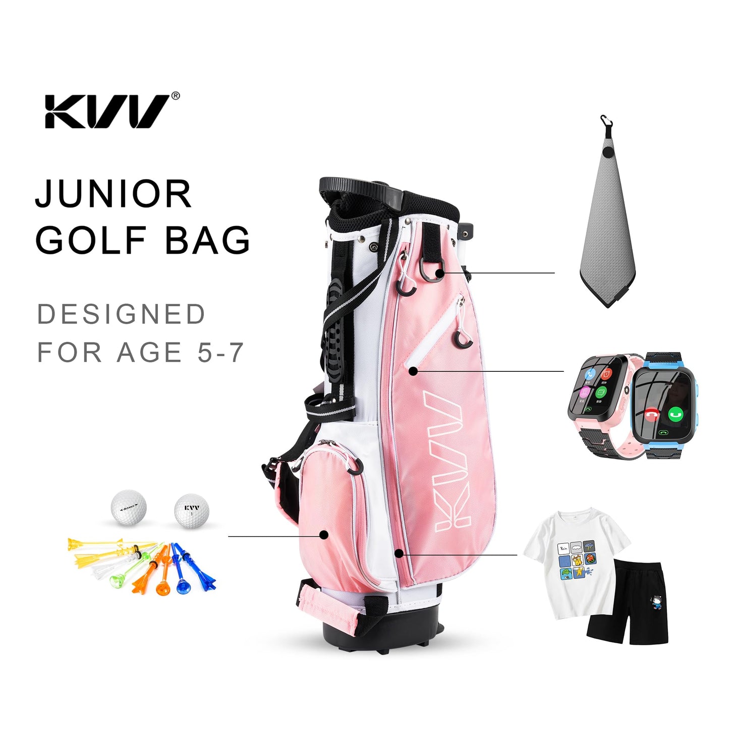 KVV Junior Golf Stand Bag, Lightweight Golf Stand Bag for Children Kids Ages 4-6(Pink)
