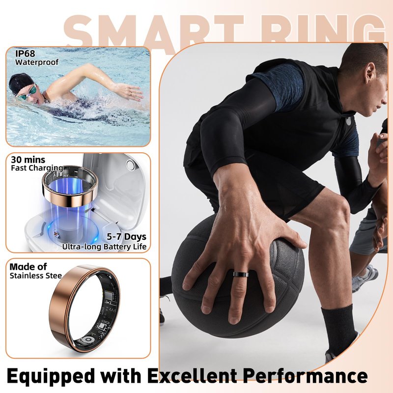 Smart Ring with Sleep Monitoring, Step Counting, Heart Rate, Blood Oxygen, Blood Pressure for iPhone and Android, No Subscription Fee, IP68 Waterproof Health Tracker (Black, 7)