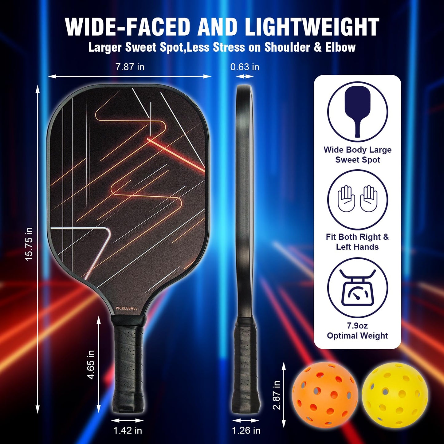 Pickleball Paddles Set of 2 with 4 Indoor/Outdoor Balls & Backpack - Lightweight Fiberglass Surface, Polypropylene Honeycomb Core for Enhanced Control and Power