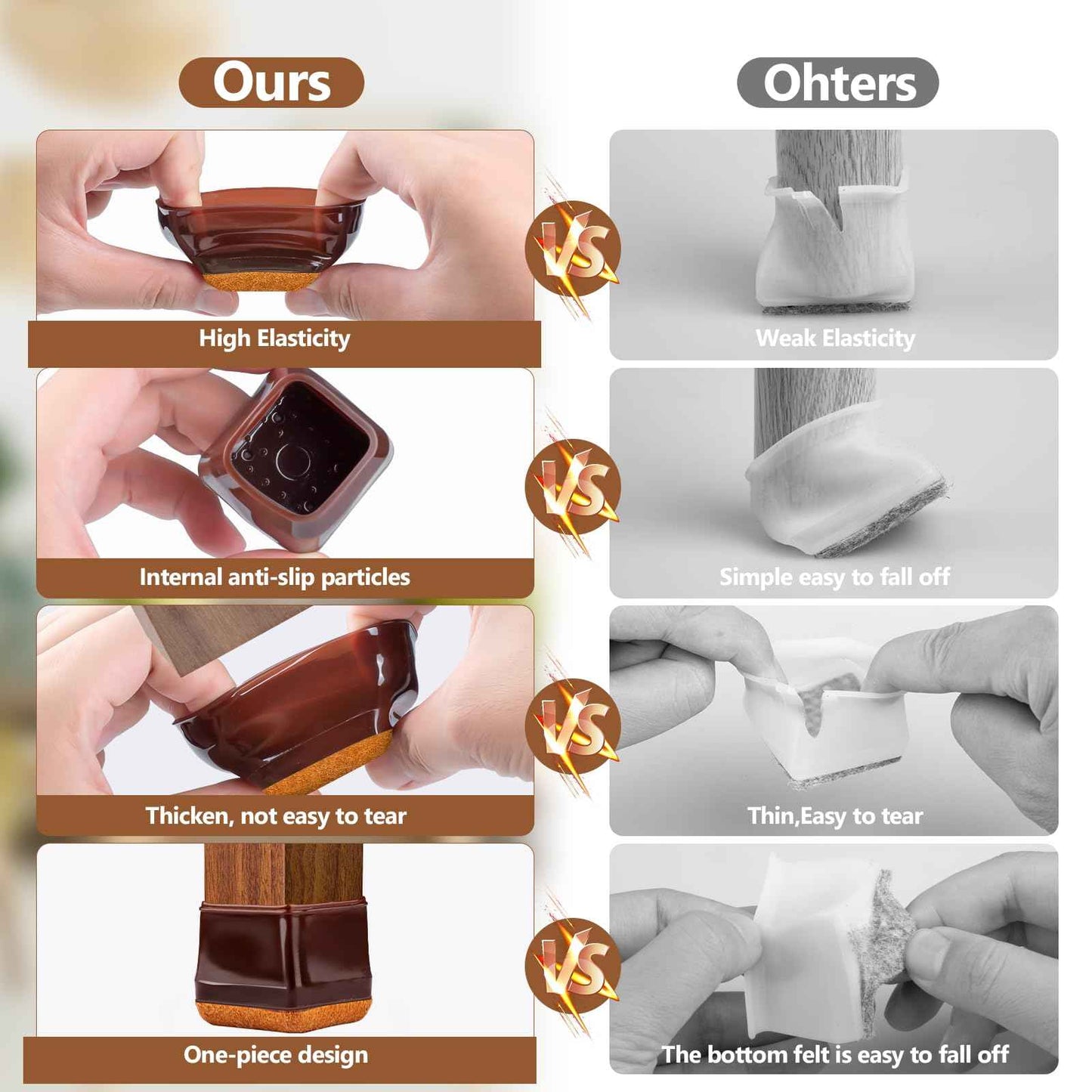 28Pcs Square Chair Leg Floor Protectors with Wrapped Felt Bottom, Silicone Chair Leg Protectors for Hardwood Floors, Chair Legs Cover Prevents Scratches & Reduce Noise (Brown S Fit 0.87"-1.10")